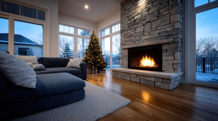 Cozy living room with a Christmas tree and fireplace, creating a warm holiday atmosphere. Ideal for seasonal decor or family lifestyle concepts.