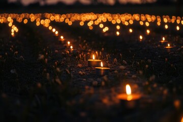 Rows of Glowing Candles Illuminating Dark Field at Night