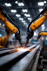 Robotic arms welding with sparks on a production line, illustrating advanced manufacturing automation.