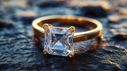 Sleek gold ring with a large rectangular gemstone, glowing on a textured dark background. Ideal for luxury, elegance, and jewelry marketing.