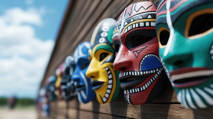 Close-up of colorful tribal masks mounted on a wooden wall outdoors, showcasing diverse designs and cultural artistry.