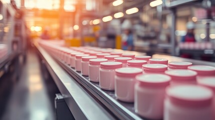 Pink yogurt jars on a production line in a retro-futuristic factory with blurred workers, highlighting modern manufacturing.