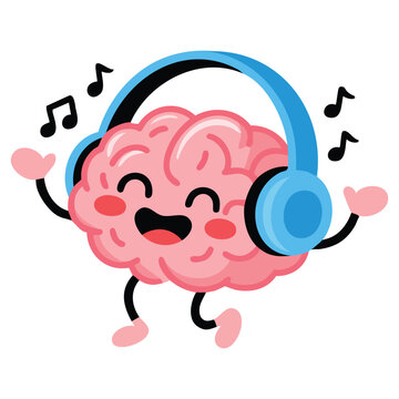 cute joyful human brain organ character listening to music in headphones vector flat illustration