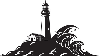  Lighthouse by the sea vector illustration in engraving inspired style