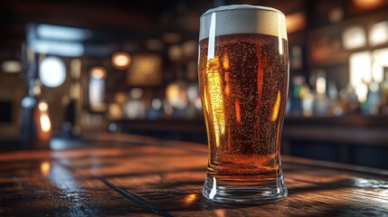 Tall glass of dark beer with frothy head on rustic bar, warm pub ambiance, perfect for beverage advertising.