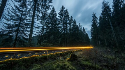 Amidst the towering trees snaking yellow light trails add bursts of color to the forest clearing.
