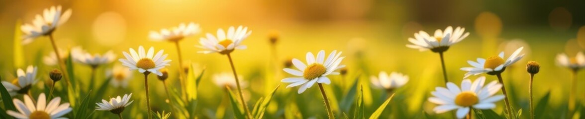 Soft sunrise light bathes a sprawling daisy meadow in beige hues , sunrise, subtle