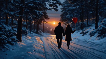 Romantic couple holding a heart-shaped balloon on a snowy path at sunrise, symbolizing love and winter magic.