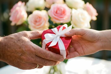 Close up of hands holding heart shaped gift box in front of rose garden
