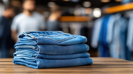 Neatly folded blue denim jeans on a store table with blurred shoppers in the background, creating a modern retail fashion atmosphere.