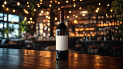 Bottle of red wine with a blank label on a wooden table in a chic bar setting with warm lights, ideal for restaurant promo or wine brand advertising.