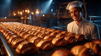 A smiling baker in a white uniform stands beside a production line with freshly baked croissants; ideal for bakery promotions or culinary industry concepts.