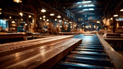 A wooden furniture factory with conveyor belts, showcasing intricate joinery and craftsmanship in warm lighting.