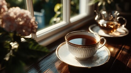 Elegant tea setting with porcelain cup and saucer on a sunlit window sill, surrounded by soft-focus flowers, perfect for relaxation or hospitality themes.