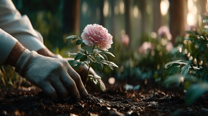 Gloved hands planting a pink rose in soil, illuminated by soft light, emphasizing care and connection with nature. Ideal for gardening and nature themes.