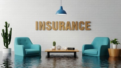 Two teal armchairs submerged in water with a coffee table and plants under the word I N S U R A N C E