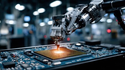 Robotic arm delicately assembling a silicon wafer on a circuit board, highlighting precision in semiconductor manufacturing and technology innovation.