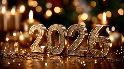 Shimmering silver "2026" against a luxurious golden background with candles and bokeh, perfect for New Year celebrations and festive promotions.