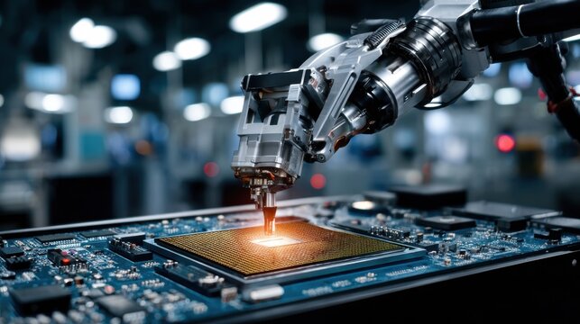 Robotic arm delicately assembling a silicon wafer on a circuit board, highlighting precision in semiconductor manufacturing and technology innovation. - Powered by Adobe