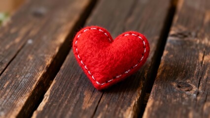 Fototapeta premium A small red felt heart with white stitching resting on a rustic wooden surface