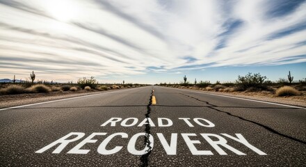 The Road to Recovery stretches into a vast desert landscape under a cloudy sky