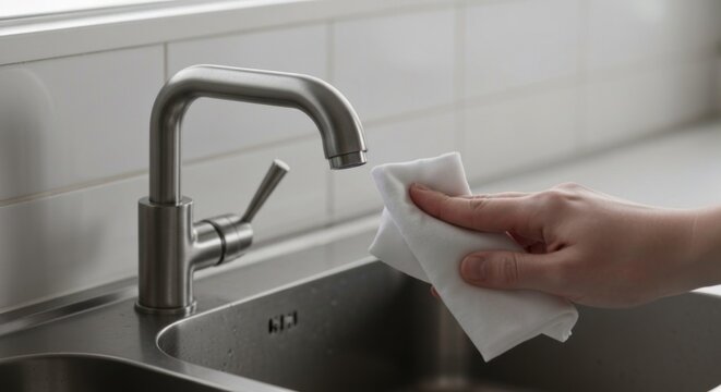 A hand cleans a stainless steel faucet with a white cloth above a sink in a kitchen