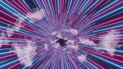 Hypnotic neon tunnel with cloud formations, abstract futuristic background concept