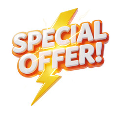 Vertical SPECIAL OFFER 3D text with lightning accent, designed as a dynamic promo sticker. Isolated PNG clipart for ecommerce sales, ads, and retail marketing.