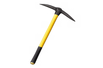 Pickaxe with yellow handle, a digging and mining tool for construction and excavation work on transparent background