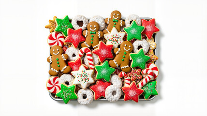 Obraz premium Assortment of sweet Christmas cookies in baking pan. Holiday baking and festive dessert treat for December celebration.
