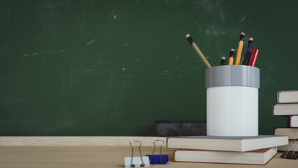 Stationery Supplies with Pencil Holder and Books on School Desk. 3d rendering