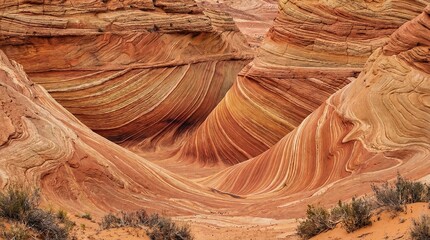Majestic desert landscape featuring intricately layered sandstone formations sculpted by wind and water erosion, showcasing natural beauty.