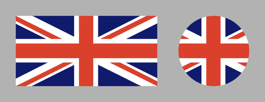 United Kingdom flag round, rectangular icon. UK flag symbol. Set of British flag in circle, rectangle. Circular button, banner. National sign.