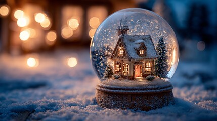 Festive Snow Globe with Cozy Cottage, Christmas Lights, and Winter Wonderland Scene