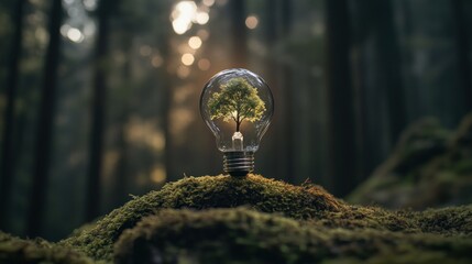 Green Tree Inside Light Bulb on Moss in Forest - Sustainable Energy & Nature Conservation Concept