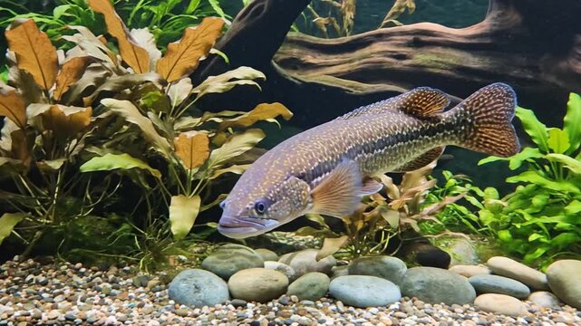A captivating view of a unique patterned fish gracefully navigating its freshwater environment. This stunning aquatic creature, with its intricate scale patterns and subtle coloration, glides effortle
