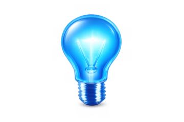 Blue glowing lightbulb illuminating, symbolizing innovation, creative idea, and electrical energy on transparent background