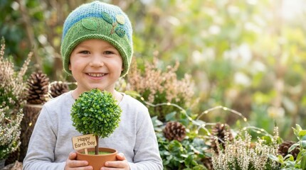 Celebrating earth day with a smiling child holding a miniature tree plant in a lush garden setting captured in a warm natural environment highlighting nature and sustainability