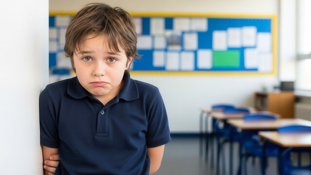 Caucasian child alone in corner of classroom, social exclusion and school discipline