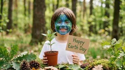Earth day celebration with a young environmentalist in a lush forest promoting nature conservation and sustainability through a smile and planting efforts
