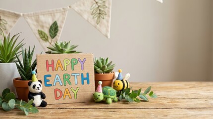 Celebrating earth day with creative decor and playful figurines in a cozy indoor setting emphasizing environmental awareness and joyful atmosphere