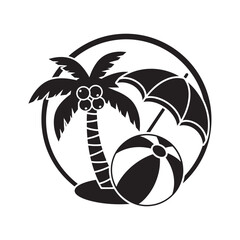 Circular tropical beach emblem with palm tree, sun umbrella, and beach ball for summer travel and resort branding.