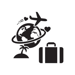 Romantic honeymoon and global travel concept featuring hearts, airplane, globe, palm tree, and suitcase for love-themed trips.