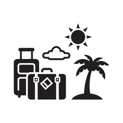 Summer vacation travel icons with suitcase, luggage, palm tree, sun, and cloud for holiday planning.