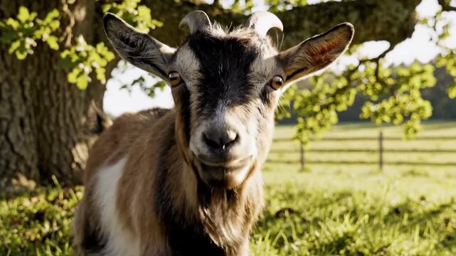 A charming close-up portrait of a domestic goat in a vibrant green pasture, bathed in warm, golden sunlight. The curious animal features distinctive short horns and a multi-colored coat of brown, blac