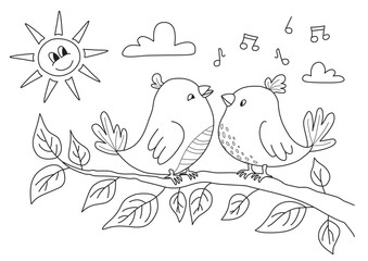 Spring coloring page. Birds on a branch enjoying singing and sun
