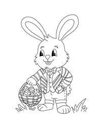 Coloring book elegant Easter Bunny in suit holding basket full of painted eggs.
