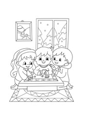 Coloring page of children playing board games in a cosy living room
