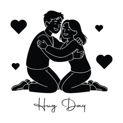 Romantic Couple Hugging Silhouette Illustration with Hearts for Hug Day Celebration