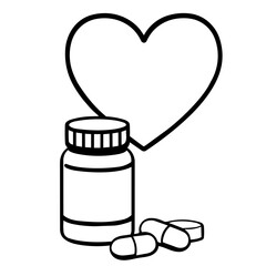 Bottle of vitamins with heart shape above in healthcare setting representing health and wellness in a simple way. Icon